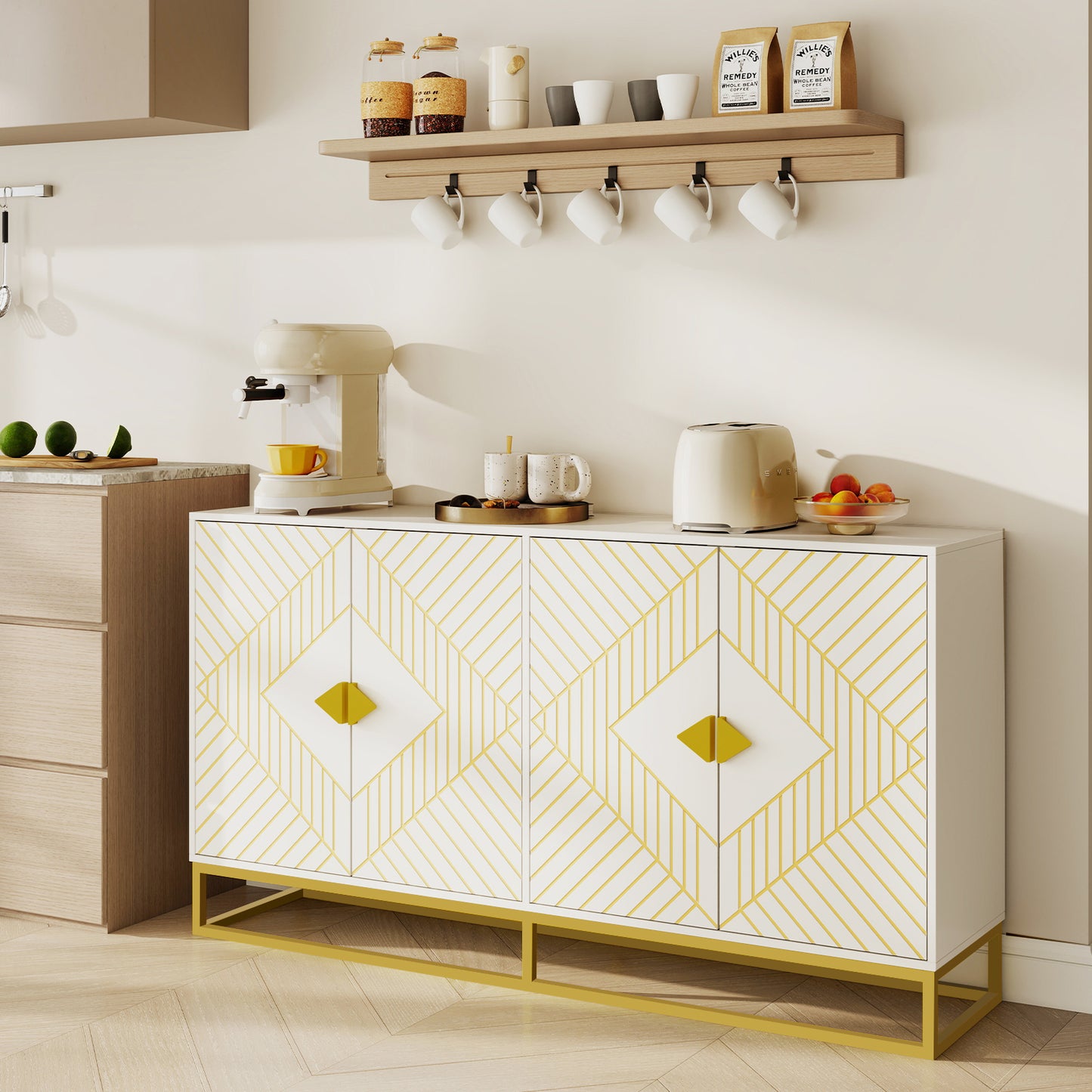 Modern White Storage Dining Cabinet with Gold Line Accent Storage Cabinet, 4 Doors Dining Sideboard with Gold Base for Living Room, Dining Room, Entrance, Hallway, Kitchen