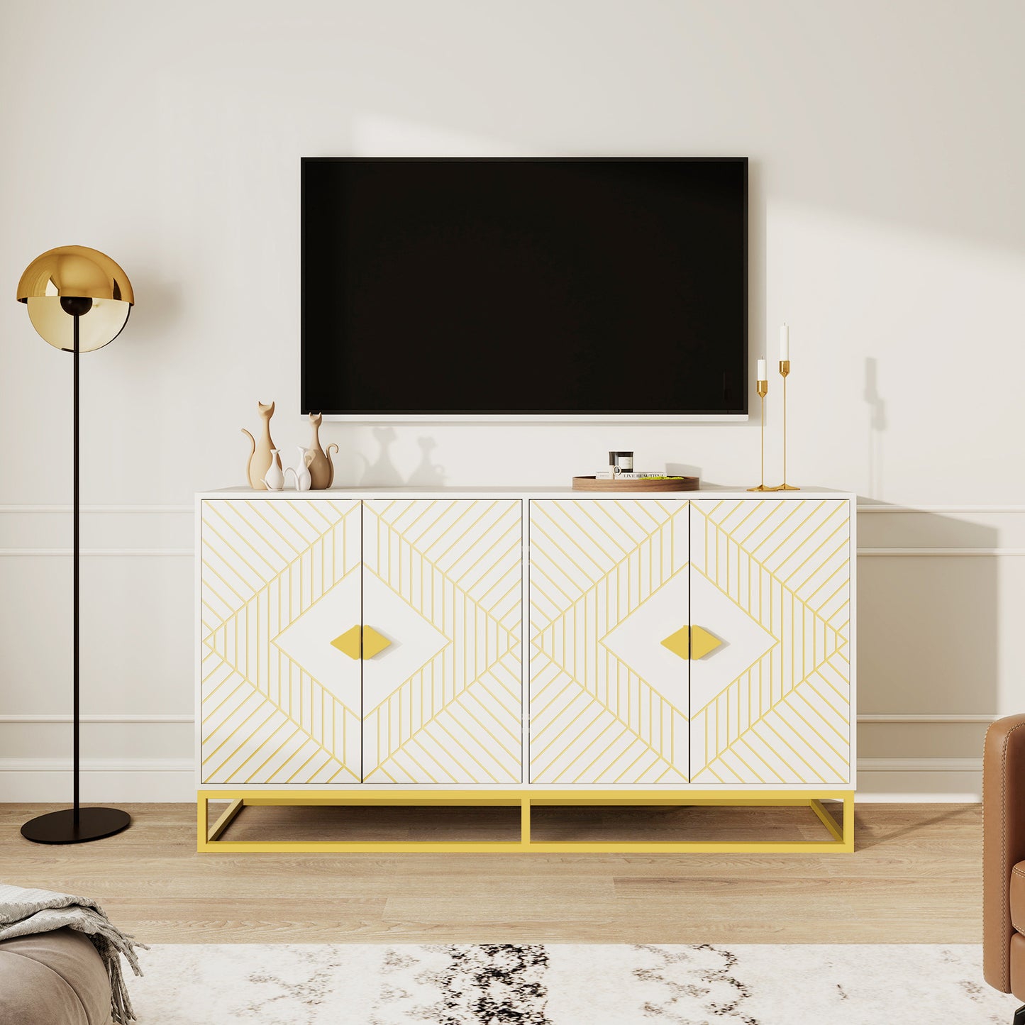 Modern White Storage Dining Cabinet with Gold Line Accent Storage Cabinet, 4 Doors Dining Sideboard with Gold Base for Living Room, Dining Room, Entrance, Hallway, Kitchen