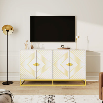 Modern White Storage Dining Cabinet with Gold Line Accent Storage Cabinet, 4 Doors Dining Sideboard with Gold Base for Living Room, Dining Room, Entrance, Hallway, Kitchen