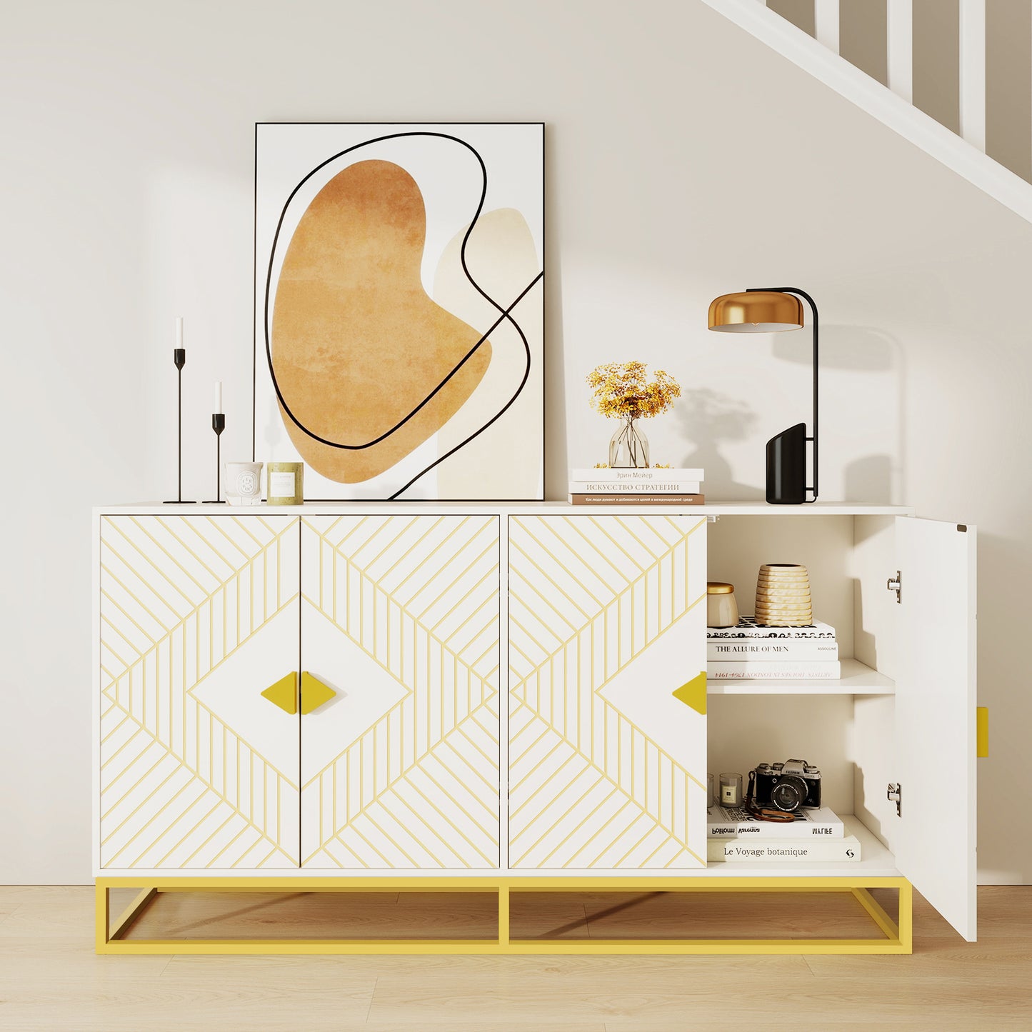 Modern White Storage Dining Cabinet with Gold Line Accent Storage Cabinet, 4 Doors Dining Sideboard with Gold Base for Living Room, Dining Room, Entrance, Hallway, Kitchen