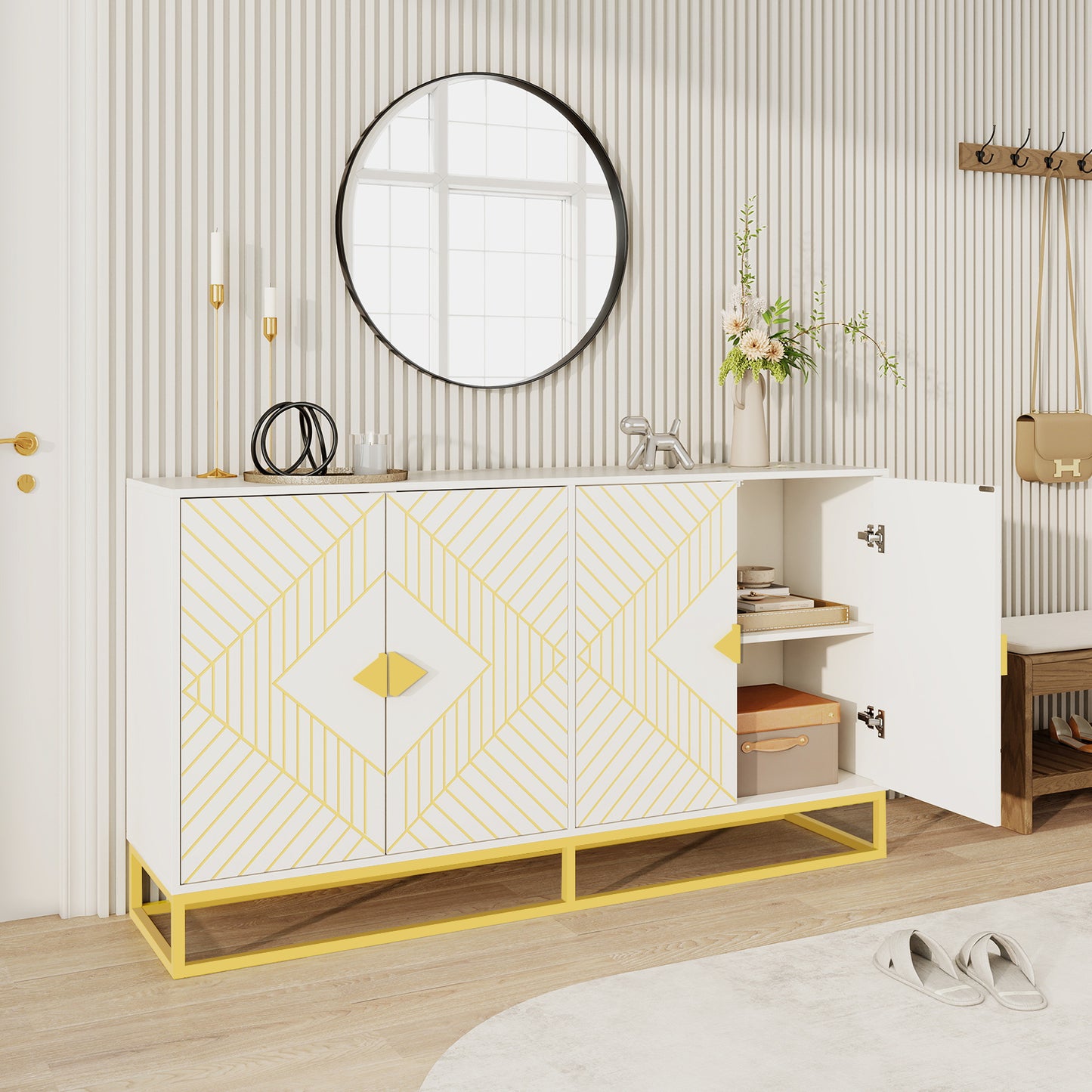 Modern White Storage Dining Cabinet with Gold Line Accent Storage Cabinet, 4 Doors Dining Sideboard with Gold Base for Living Room, Dining Room, Entrance, Hallway, Kitchen