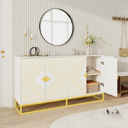 Modern White Storage Dining Cabinet with Gold Line Accent Storage Cabinet, 4 Doors Dining Sideboard with Gold Base for Living Room, Dining Room, Entrance, Hallway, Kitchen