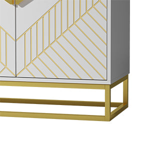 Modern White Storage Dining Cabinet with Gold Line Accent Storage Cabinet, 4 Doors Dining Sideboard with Gold Base for Living Room, Dining Room, Entrance, Hallway, Kitchen