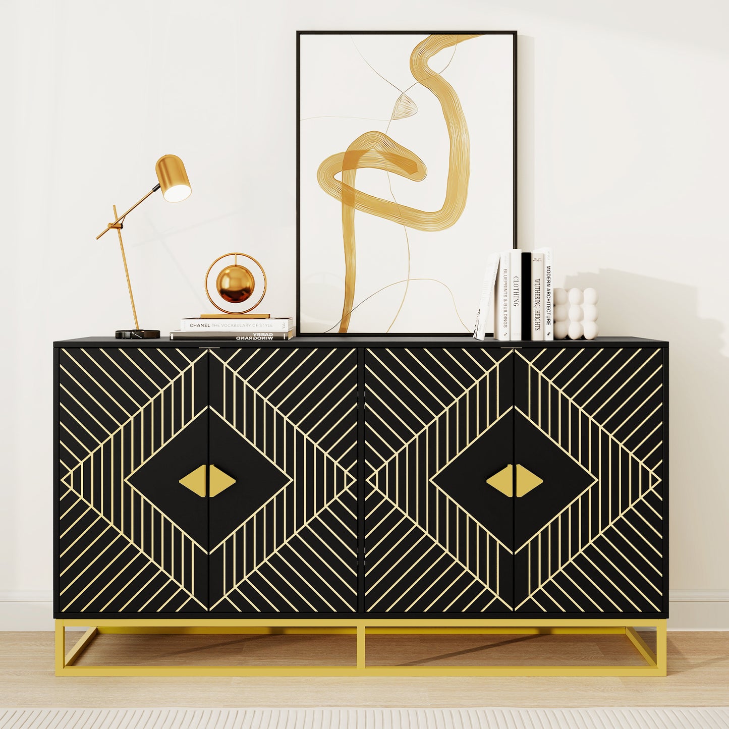 Modern Black Storage Dining Cabinet with Gold Line Accent Storage Cabinet, 4 Doors Dining Sideboard with Gold Base for Living Room, Dining Room, Entrance, Hallway, Kitchen