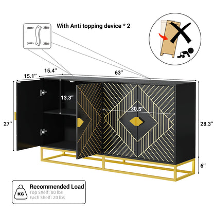 Modern Black Storage Dining Cabinet with Gold Line Accent Storage Cabinet, 4 Doors Dining Sideboard with Gold Base for Living Room, Dining Room, Entrance, Hallway, Kitchen