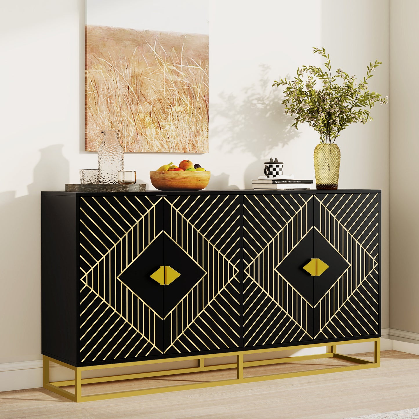 Modern Black Storage Dining Cabinet with Gold Line Accent Storage Cabinet, 4 Doors Dining Sideboard with Gold Base for Living Room, Dining Room, Entrance, Hallway, Kitchen