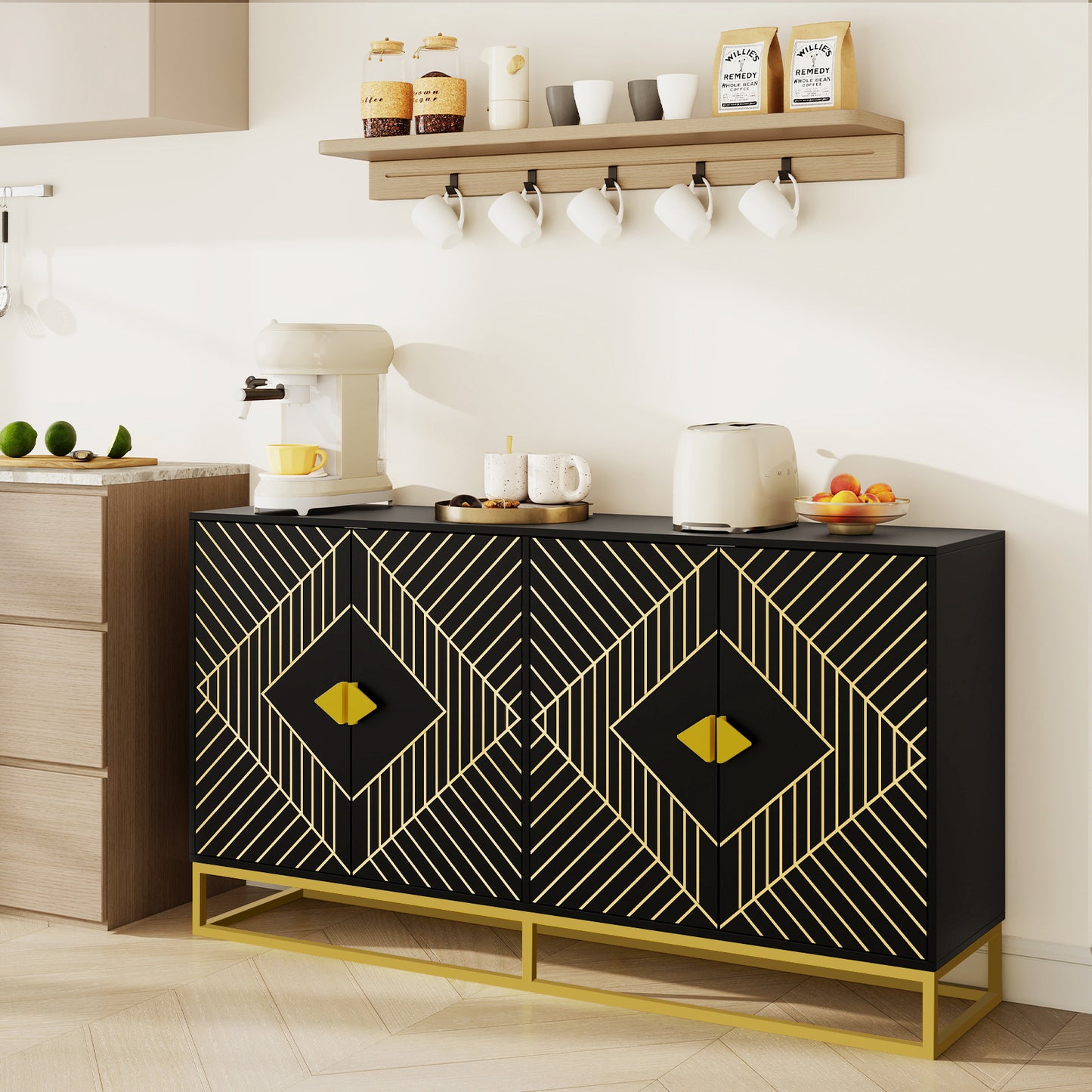 Modern Black Storage Dining Cabinet with Gold Line Accent Storage Cabinet, 4 Doors Dining Sideboard with Gold Base for Living Room, Dining Room, Entrance, Hallway, Kitchen