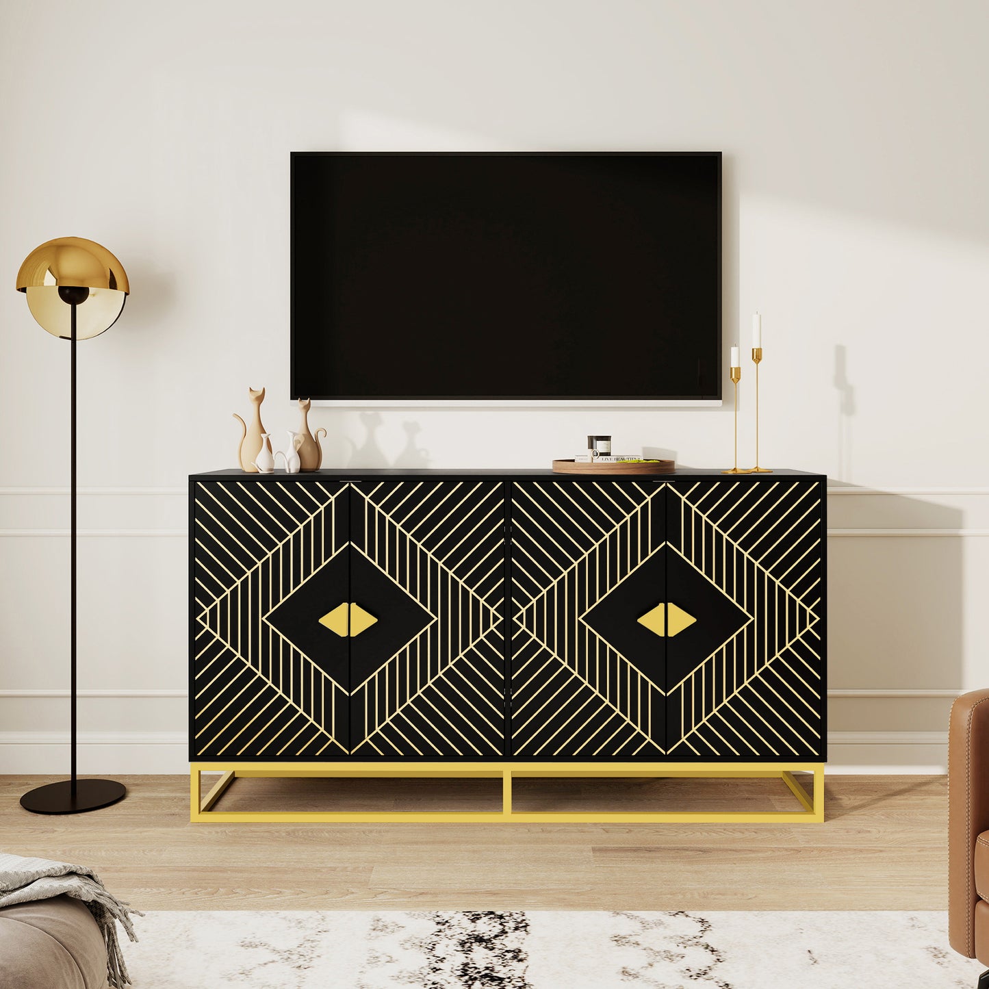 Modern Black Storage Dining Cabinet with Gold Line Accent Storage Cabinet, 4 Doors Dining Sideboard with Gold Base for Living Room, Dining Room, Entrance, Hallway, Kitchen