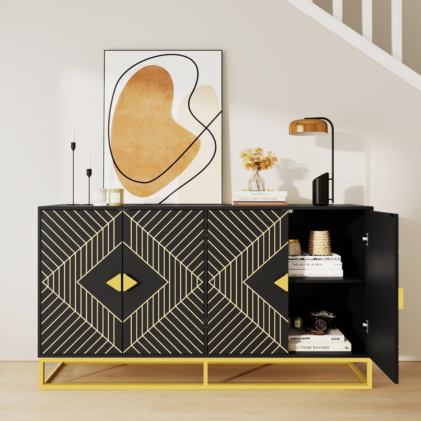 Modern Black Storage Dining Cabinet with Gold Line Accent Storage Cabinet, 4 Doors Dining Sideboard with Gold Base for Living Room, Dining Room, Entrance, Hallway, Kitchen