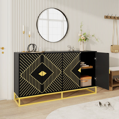 Modern Black Storage Dining Cabinet with Gold Line Accent Storage Cabinet, 4 Doors Dining Sideboard with Gold Base for Living Room, Dining Room, Entrance, Hallway, Kitchen