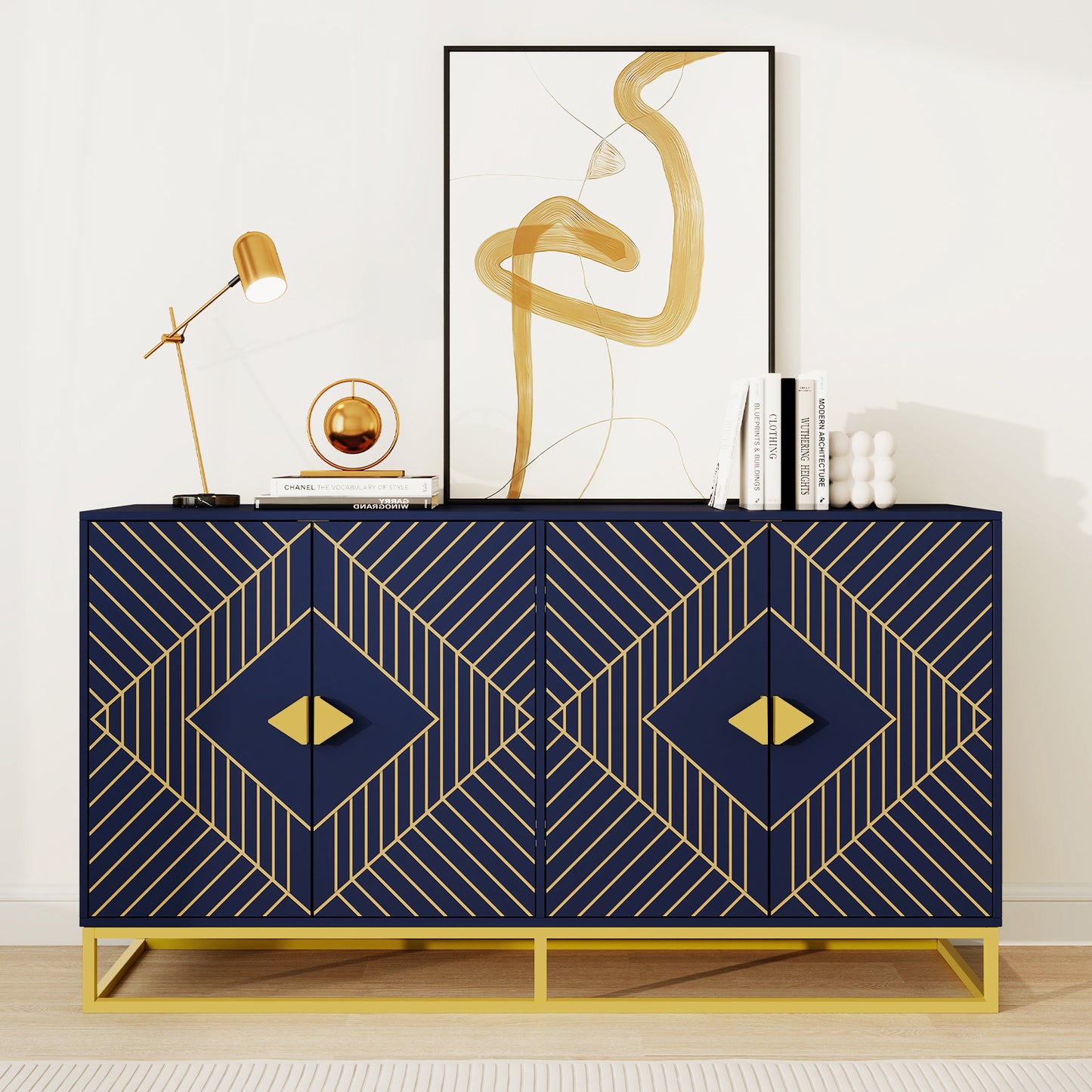 Modern Blue Storage Dining Cabinet with Gold Line Accent Storage Cabinet, 4 Doors Dining Sideboard with Gold Base for Living Room, Dining Room, Entrance, Hallway, Kitchen