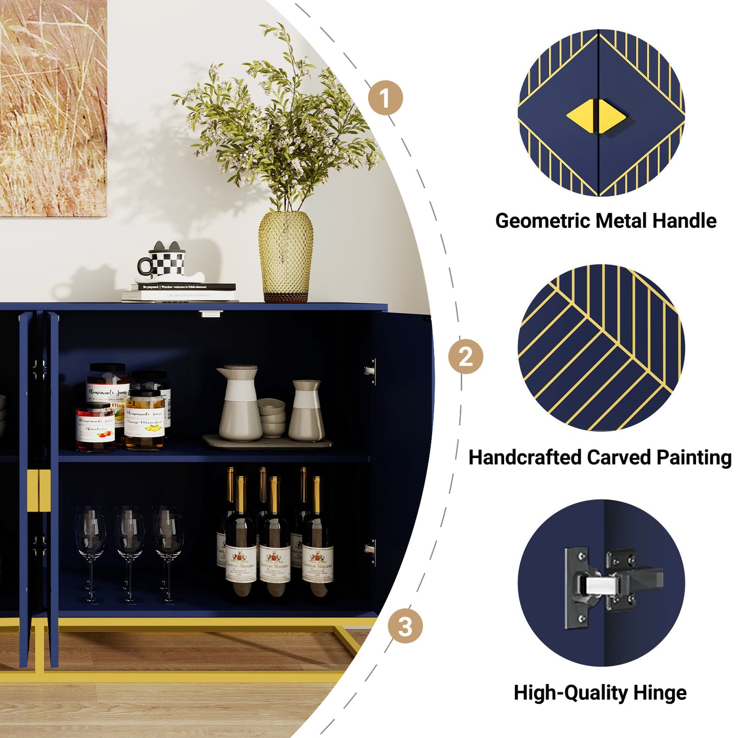 Modern Blue Storage Dining Cabinet with Gold Line Accent Storage Cabinet, 4 Doors Dining Sideboard with Gold Base for Living Room, Dining Room, Entrance, Hallway, Kitchen