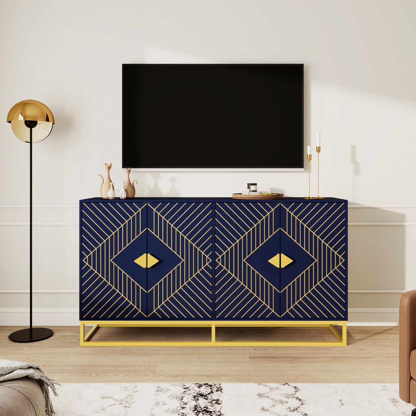 Modern Blue Storage Dining Cabinet with Gold Line Accent Storage Cabinet, 4 Doors Dining Sideboard with Gold Base for Living Room, Dining Room, Entrance, Hallway, Kitchen