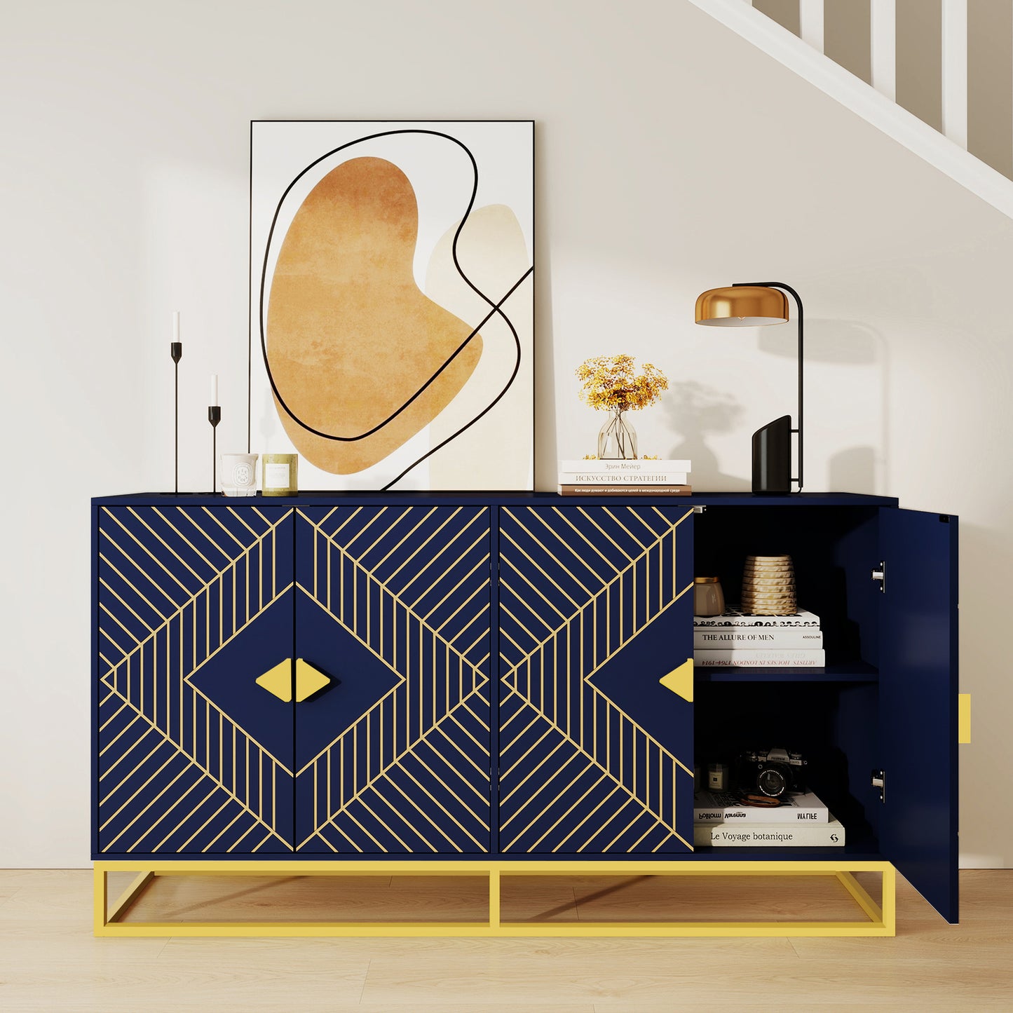 Modern Blue Storage Dining Cabinet with Gold Line Accent Storage Cabinet, 4 Doors Dining Sideboard with Gold Base for Living Room, Dining Room, Entrance, Hallway, Kitchen