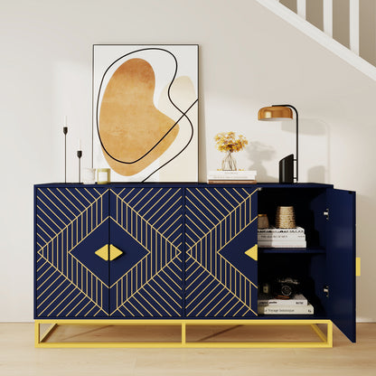 Modern Blue Storage Dining Cabinet with Gold Line Accent Storage Cabinet, 4 Doors Dining Sideboard with Gold Base for Living Room, Dining Room, Entrance, Hallway, Kitchen
