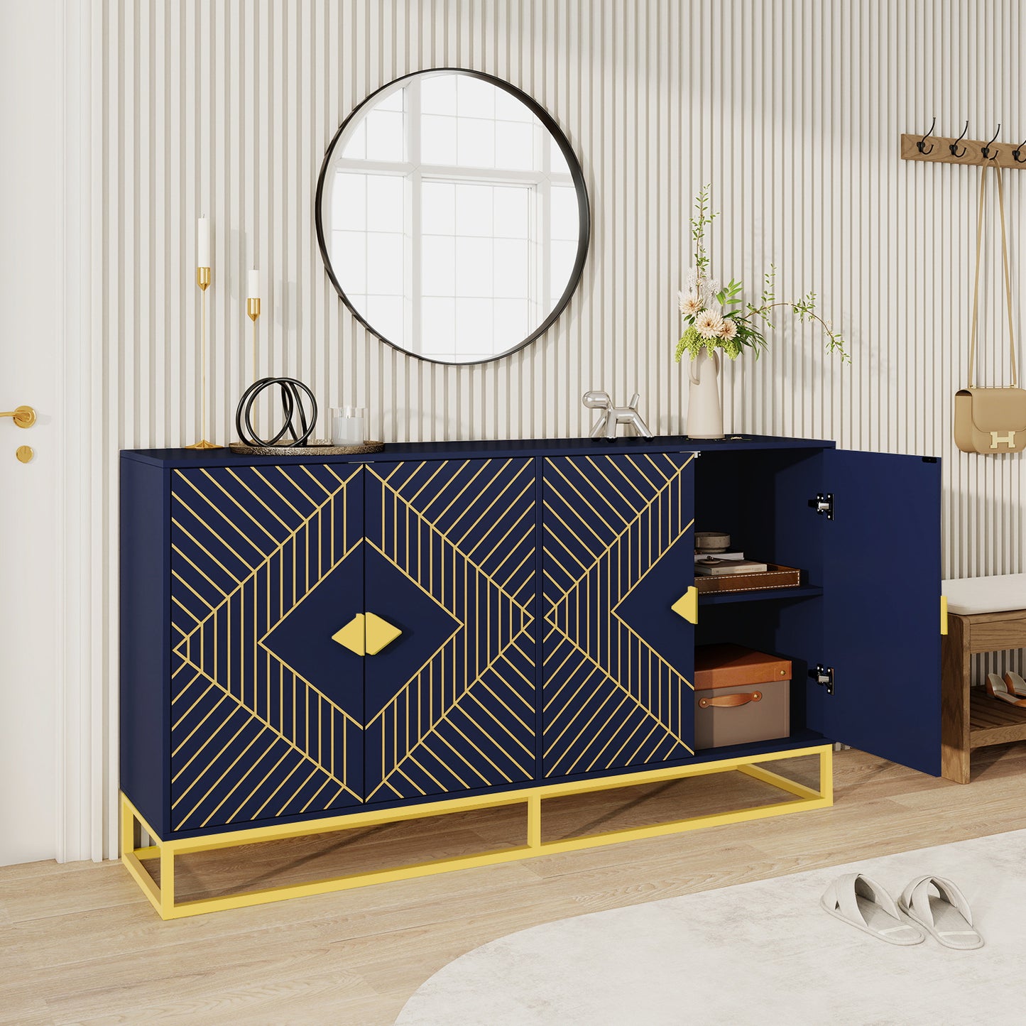 Modern Blue Storage Dining Cabinet with Gold Line Accent Storage Cabinet, 4 Doors Dining Sideboard with Gold Base for Living Room, Dining Room, Entrance, Hallway, Kitchen