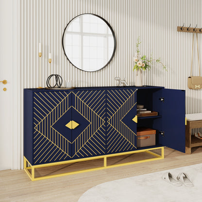 Modern Blue Storage Dining Cabinet with Gold Line Accent Storage Cabinet, 4 Doors Dining Sideboard with Gold Base for Living Room, Dining Room, Entrance, Hallway, Kitchen