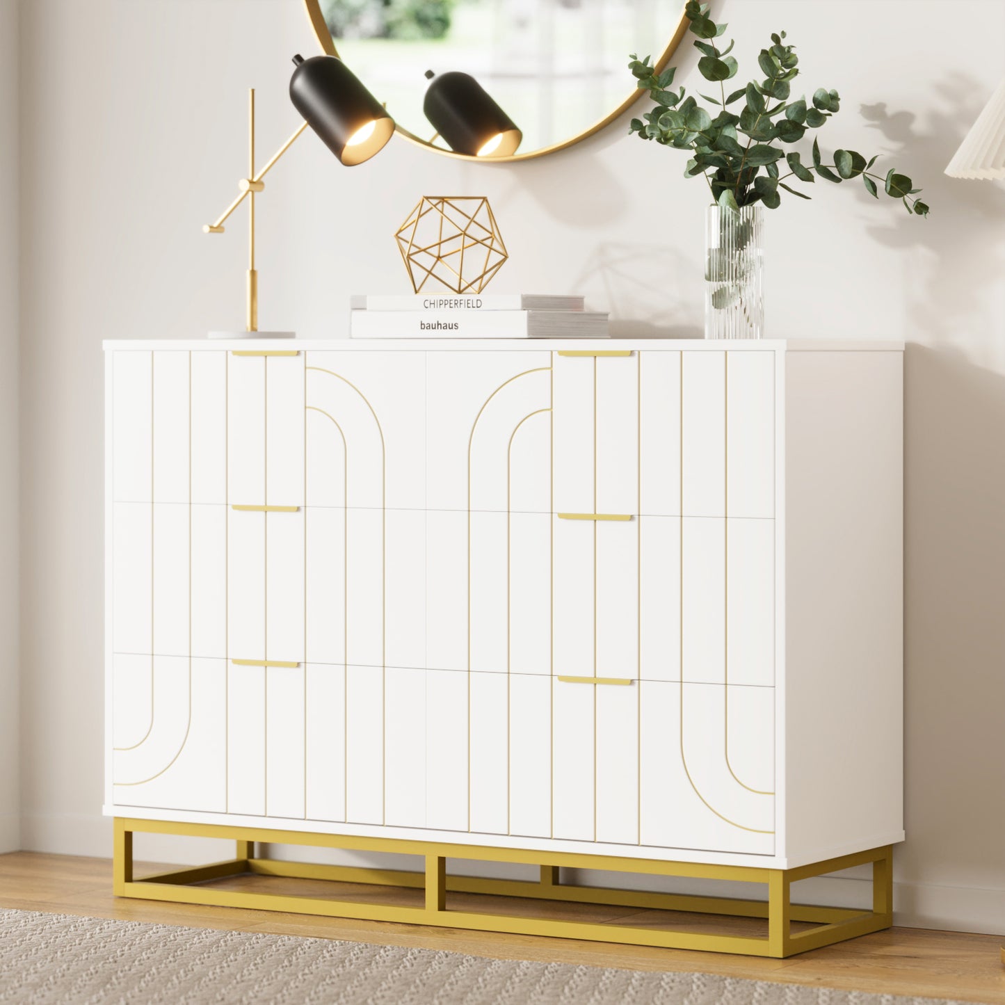 6-Drawer Dresser for Bedroom Wide Chest of Drawers with Gold Line Carving Design, White Dresser TV Stand, Closet Side Table for Bedroom, Living Room, Hallway