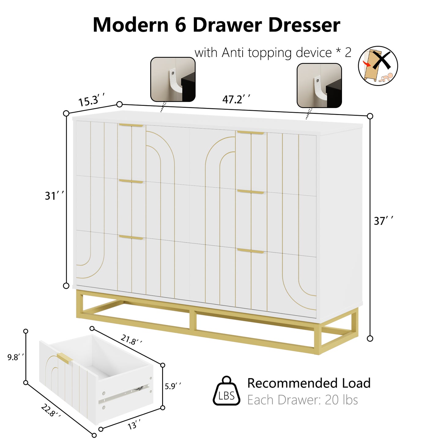 6-Drawer Dresser for Bedroom Wide Chest of Drawers with Gold Line Carving Design, White Dresser TV Stand, Closet Side Table for Bedroom, Living Room, Hallway