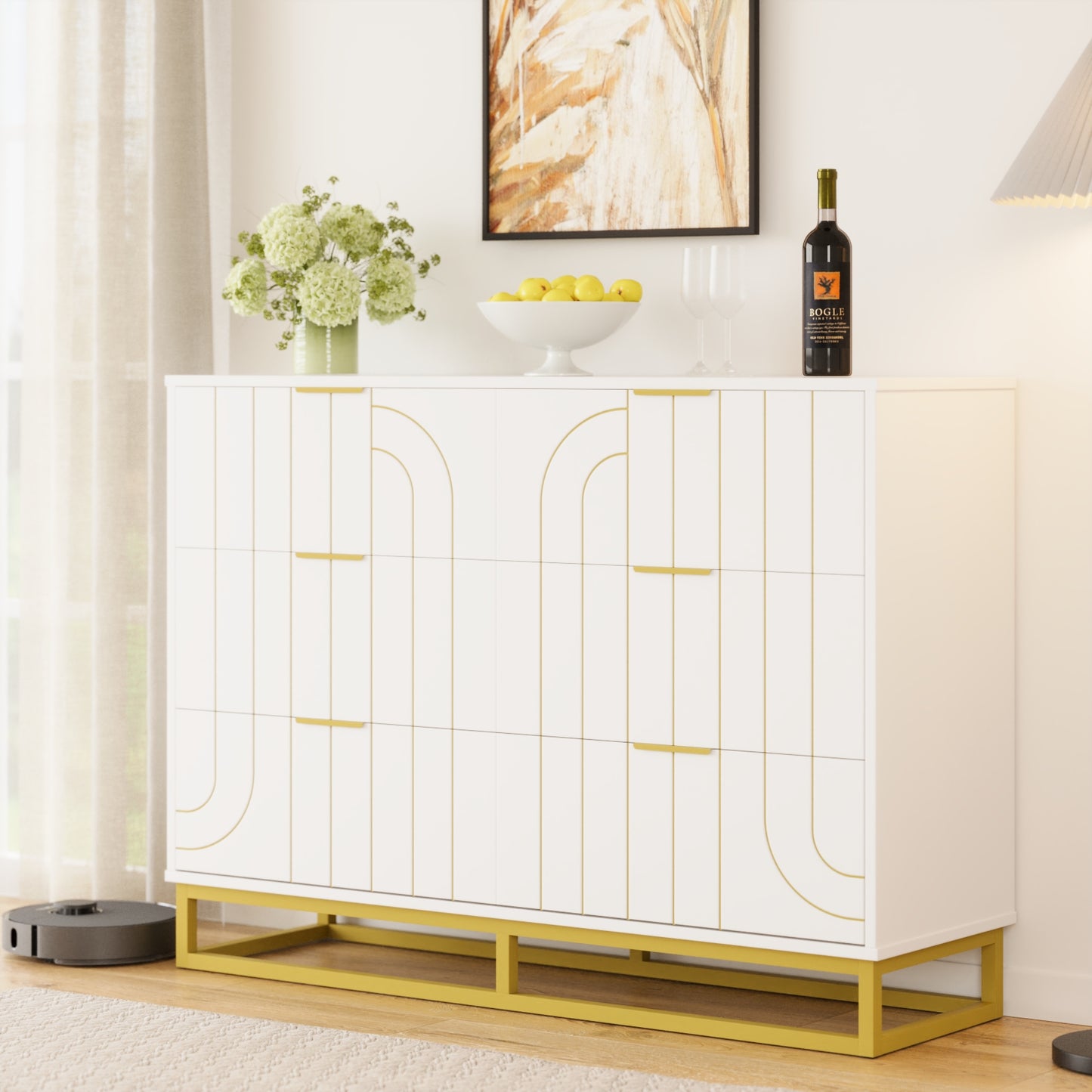 6-Drawer Dresser for Bedroom Wide Chest of Drawers with Gold Line Carving Design, White Dresser TV Stand, Closet Side Table for Bedroom, Living Room, Hallway