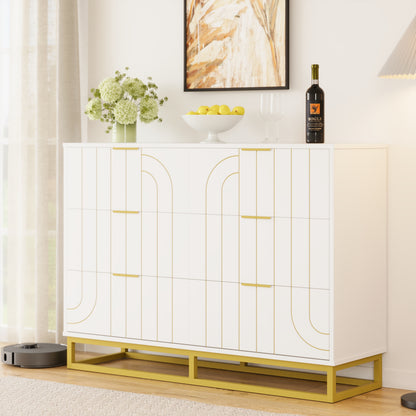 6-Drawer Dresser for Bedroom Wide Chest of Drawers with Gold Line Carving Design, White Dresser TV Stand, Closet Side Table for Bedroom, Living Room, Hallway