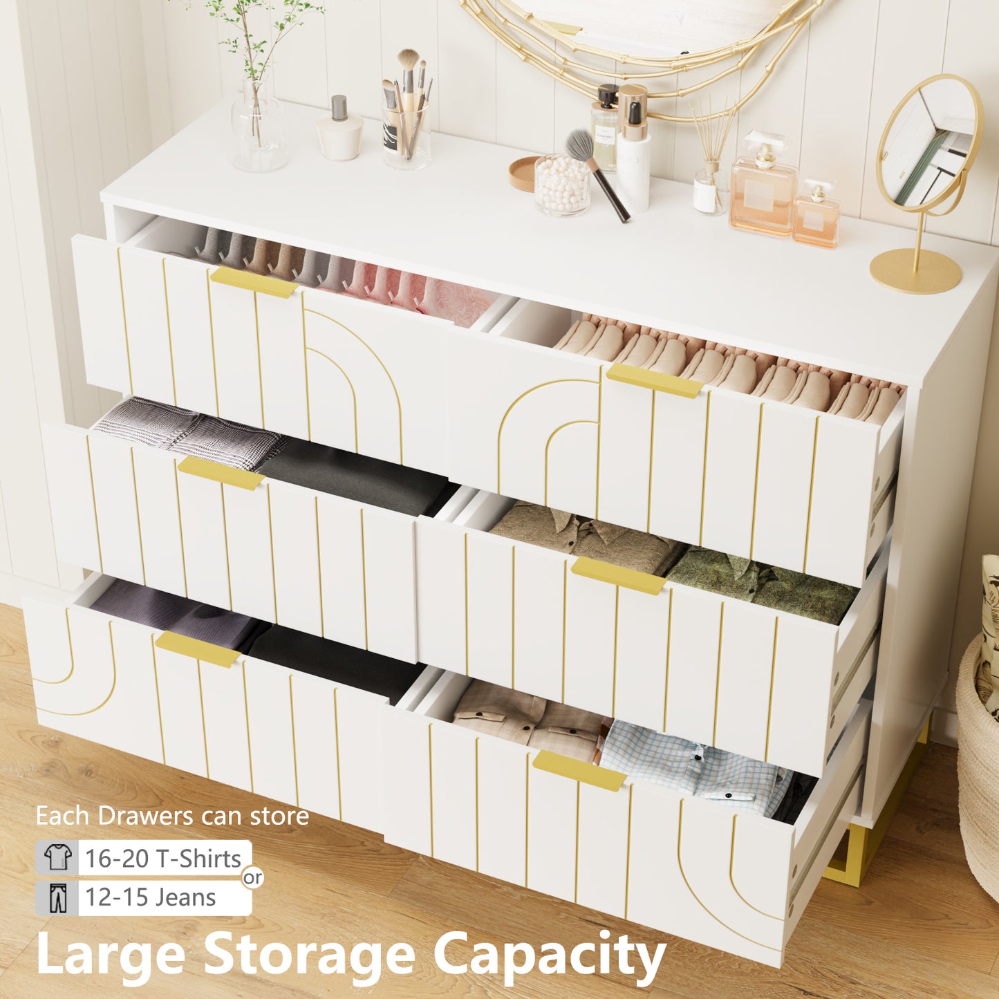 6-Drawer Dresser for Bedroom Wide Chest of Drawers with Gold Line Carving Design, White Dresser TV Stand, Closet Side Table for Bedroom, Living Room, Hallway