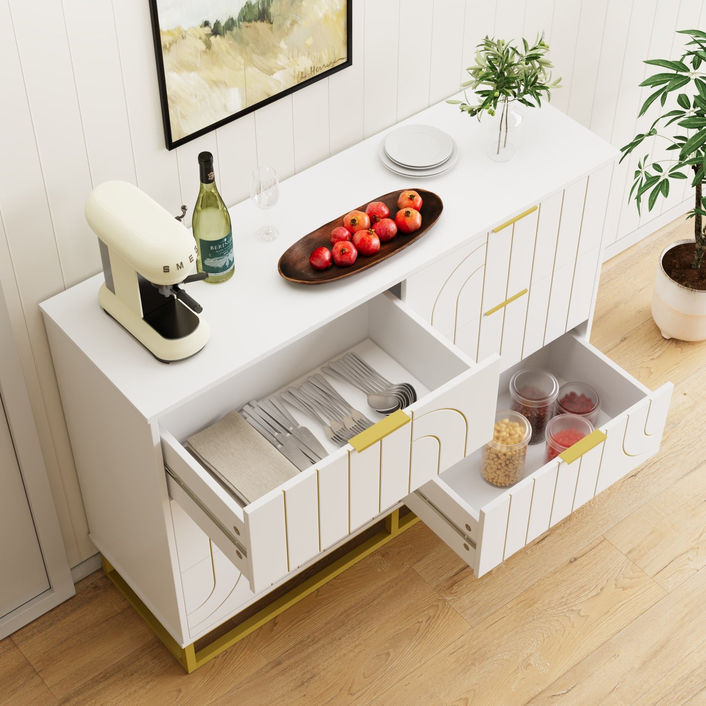 6-Drawer Dresser for Bedroom Wide Chest of Drawers with Gold Line Carving Design, White Dresser TV Stand, Closet Side Table for Bedroom, Living Room, Hallway