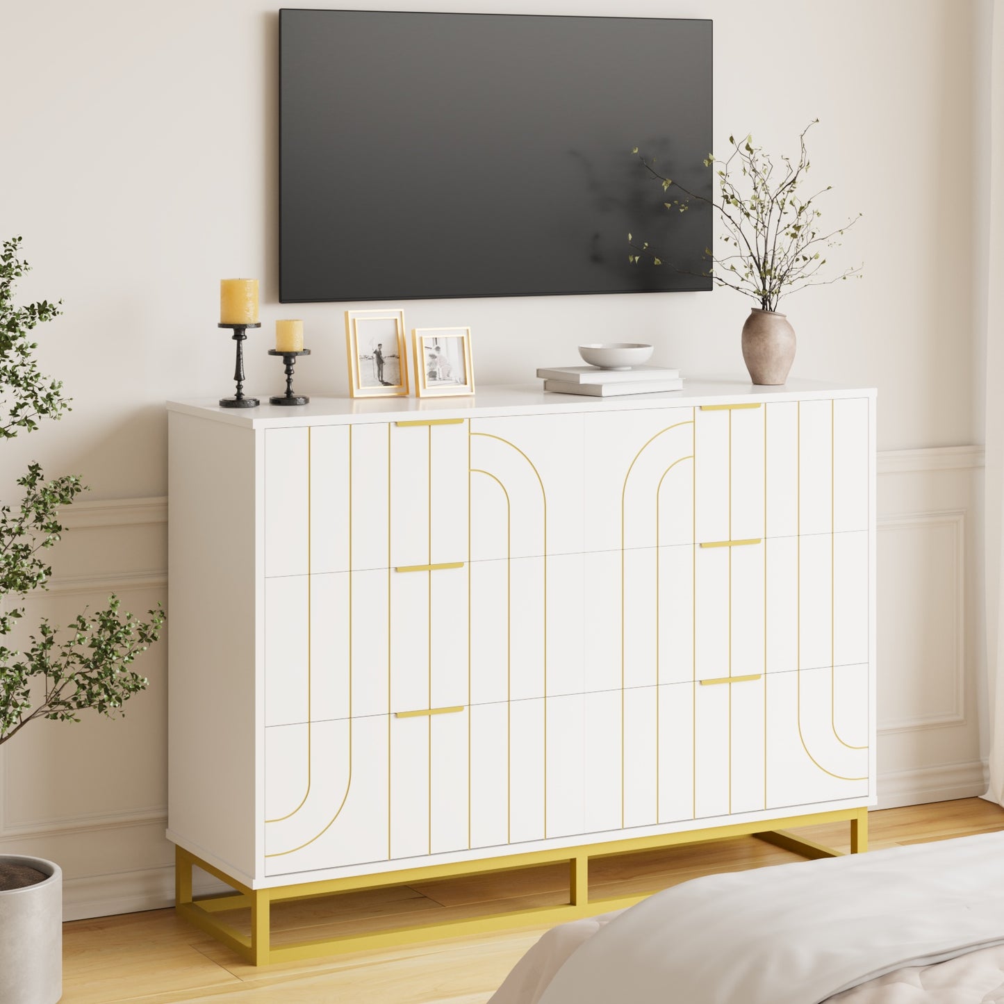 6-Drawer Dresser for Bedroom Wide Chest of Drawers with Gold Line Carving Design, White Dresser TV Stand, Closet Side Table for Bedroom, Living Room, Hallway