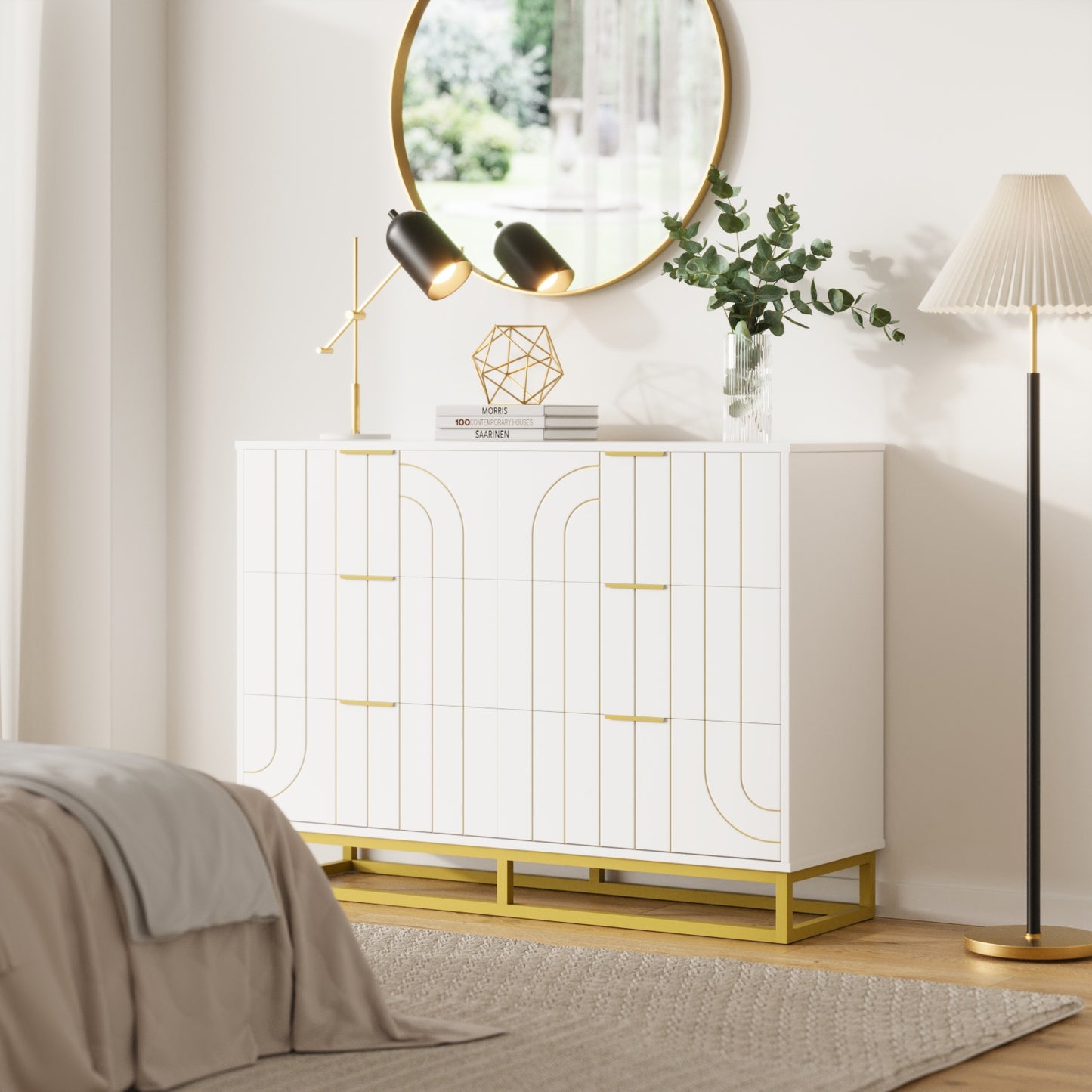 6-Drawer Dresser for Bedroom Wide Chest of Drawers with Gold Line Carving Design, White Dresser TV Stand, Closet Side Table for Bedroom, Living Room, Hallway