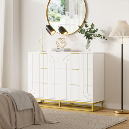 6-Drawer Dresser for Bedroom Wide Chest of Drawers with Gold Line Carving Design, White Dresser TV Stand, Closet Side Table for Bedroom, Living Room, Hallway