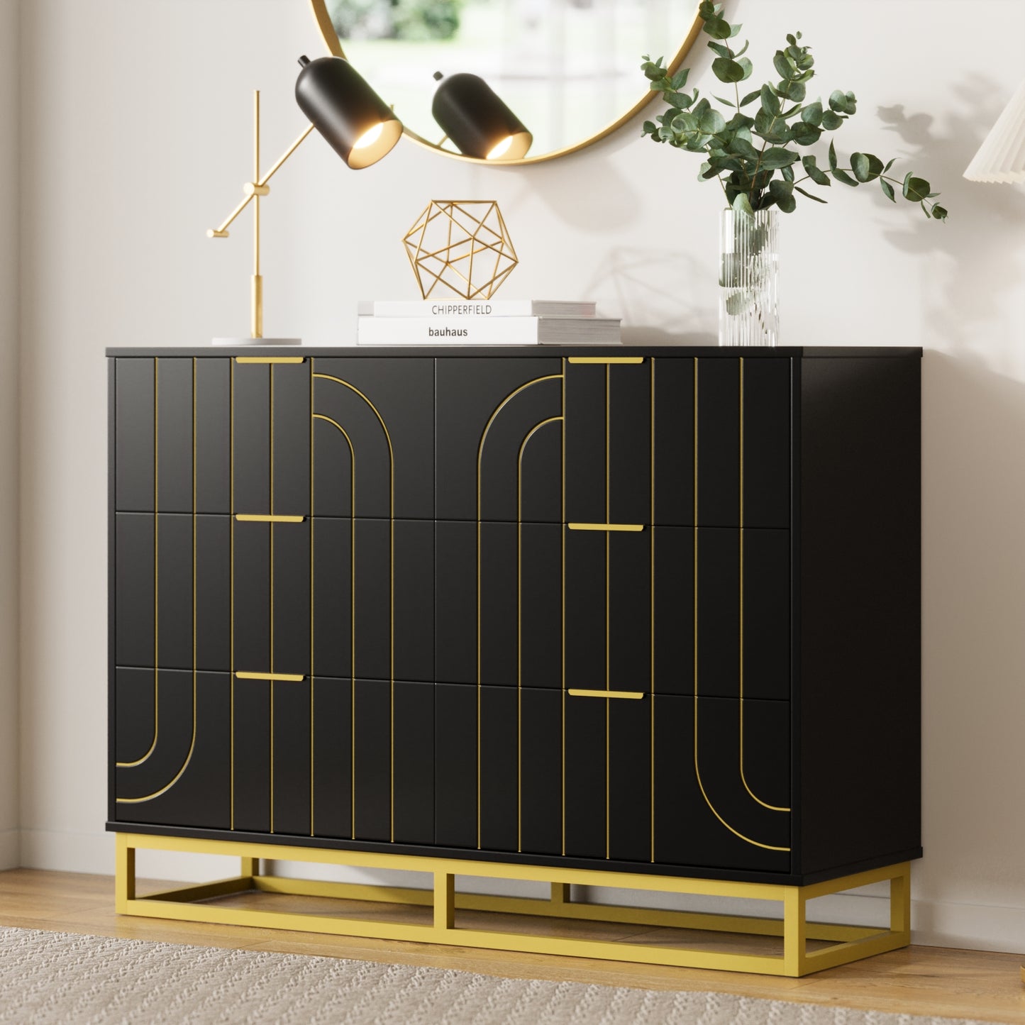 6-Drawer Dresser for Bedroom Wide Chest of Drawers with Gold Line Carving Design, Black Dresser TV Stand, Closet Side Table for Bedroom, Living Room, Hallway