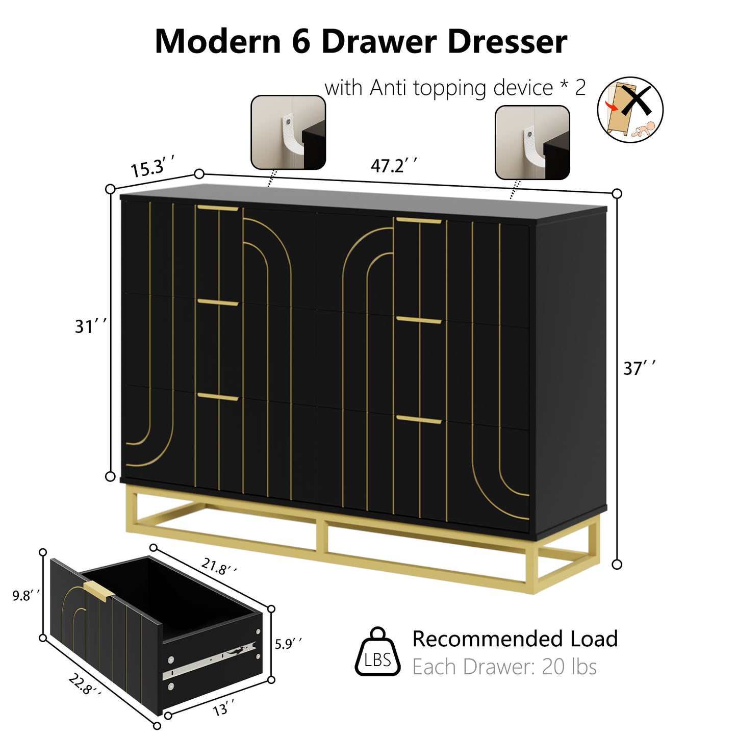 6-Drawer Dresser for Bedroom Wide Chest of Drawers with Gold Line Carving Design, Black Dresser TV Stand, Closet Side Table for Bedroom, Living Room, Hallway