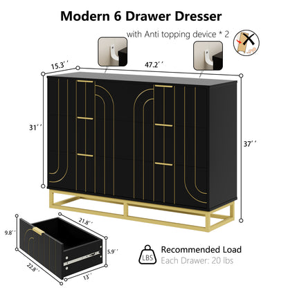 6-Drawer Dresser for Bedroom Wide Chest of Drawers with Gold Line Carving Design, Black Dresser TV Stand, Closet Side Table for Bedroom, Living Room, Hallway