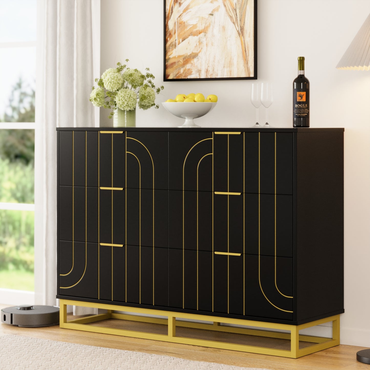 6-Drawer Dresser for Bedroom Wide Chest of Drawers with Gold Line Carving Design, Black Dresser TV Stand, Closet Side Table for Bedroom, Living Room, Hallway