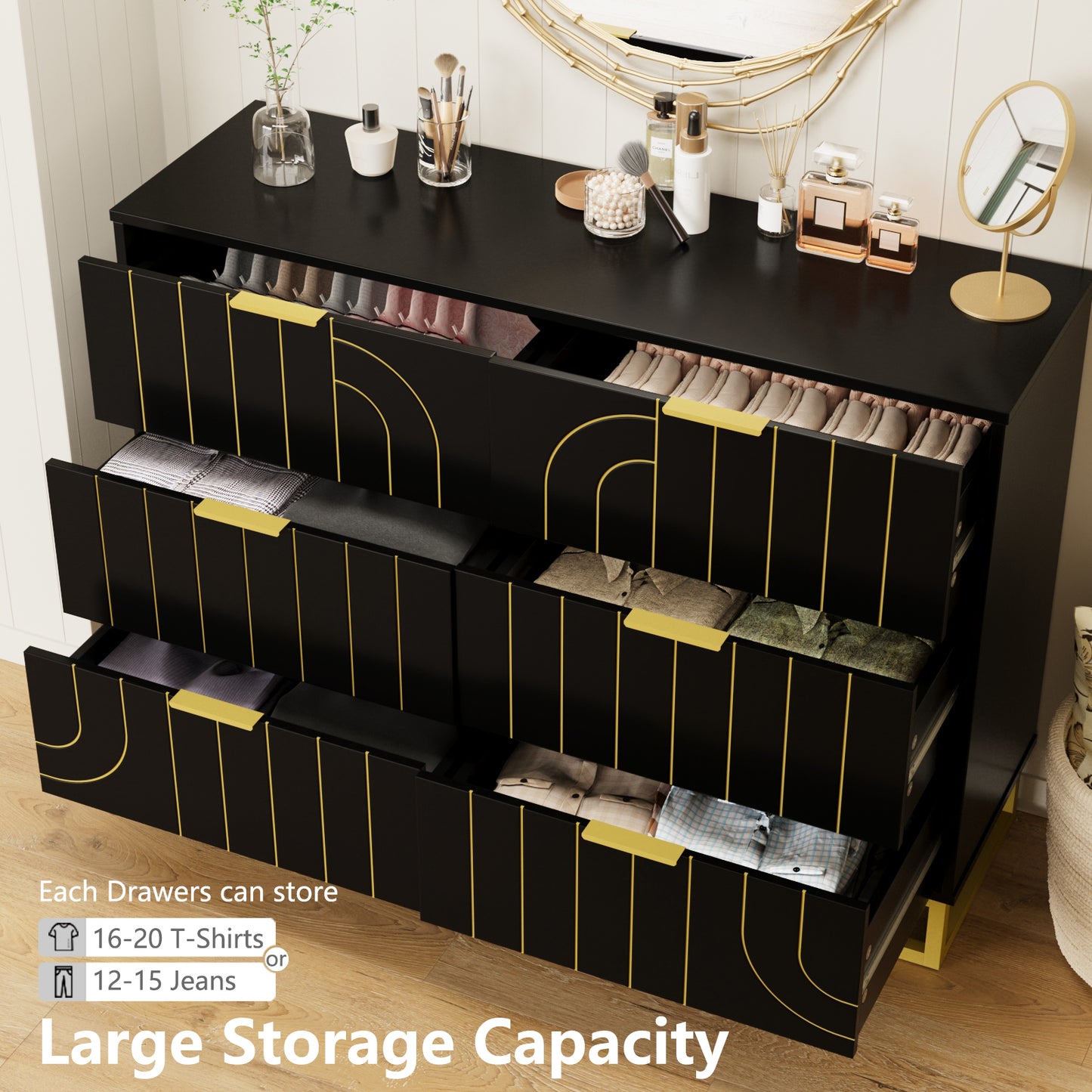 6-Drawer Dresser for Bedroom Wide Chest of Drawers with Gold Line Carving Design, Black Dresser TV Stand, Closet Side Table for Bedroom, Living Room, Hallway