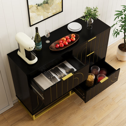 6-Drawer Dresser for Bedroom Wide Chest of Drawers with Gold Line Carving Design, Black Dresser TV Stand, Closet Side Table for Bedroom, Living Room, Hallway