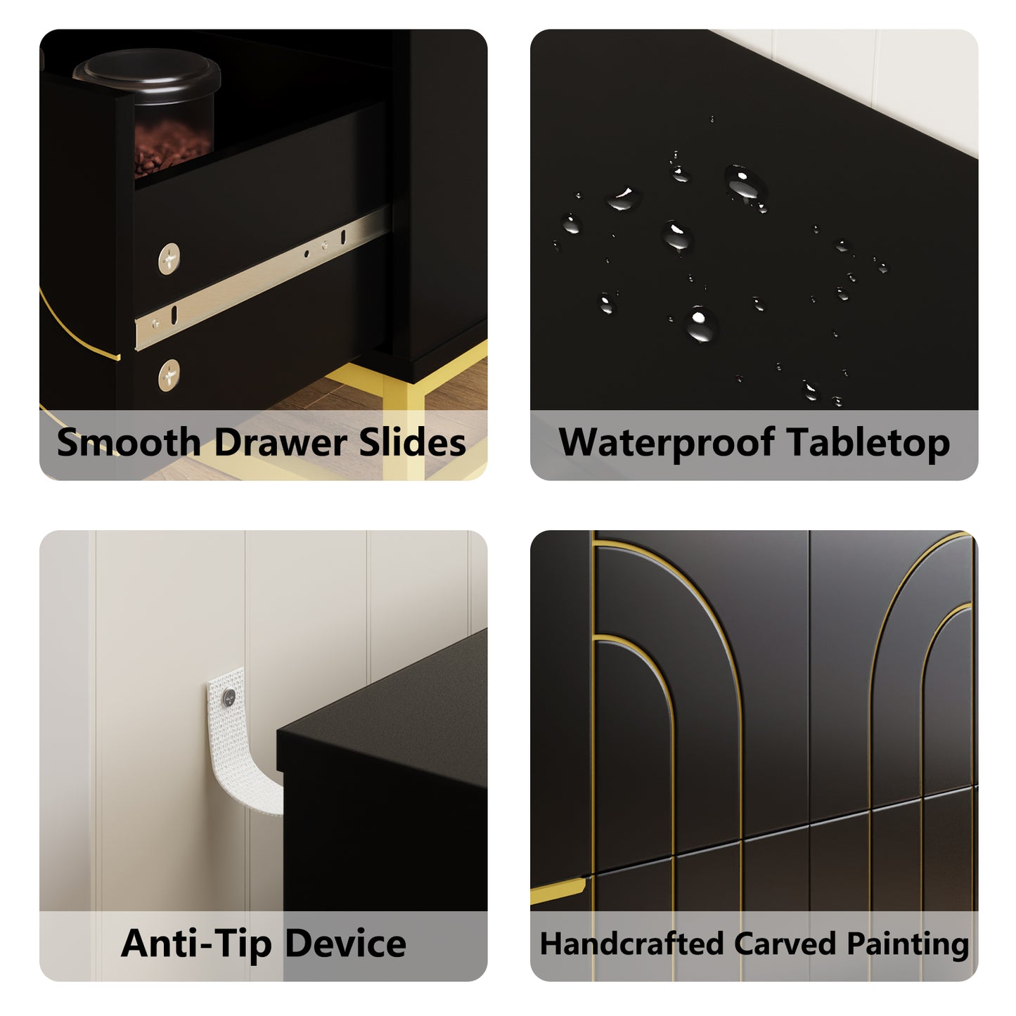 6-Drawer Dresser for Bedroom Wide Chest of Drawers with Gold Line Carving Design, Black Dresser TV Stand, Closet Side Table for Bedroom, Living Room, Hallway