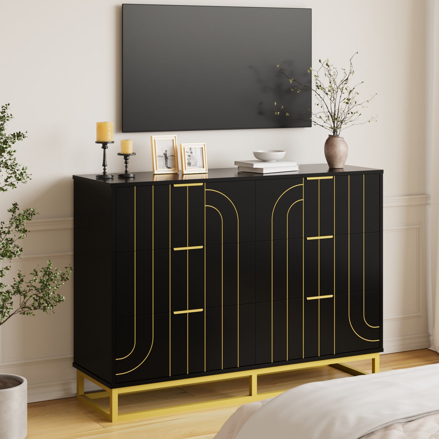 6-Drawer Dresser for Bedroom Wide Chest of Drawers with Gold Line Carving Design, Black Dresser TV Stand, Closet Side Table for Bedroom, Living Room, Hallway