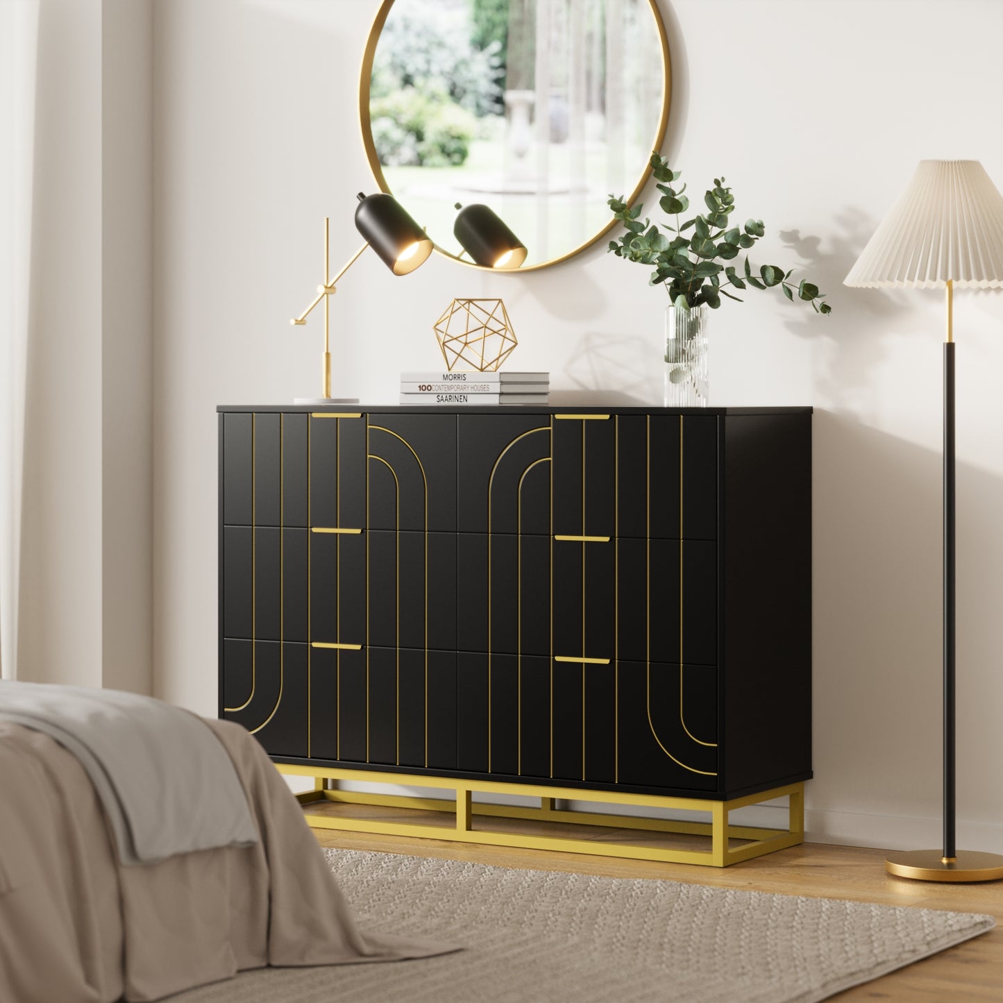 6-Drawer Dresser for Bedroom Wide Chest of Drawers with Gold Line Carving Design, Black Dresser TV Stand, Closet Side Table for Bedroom, Living Room, Hallway