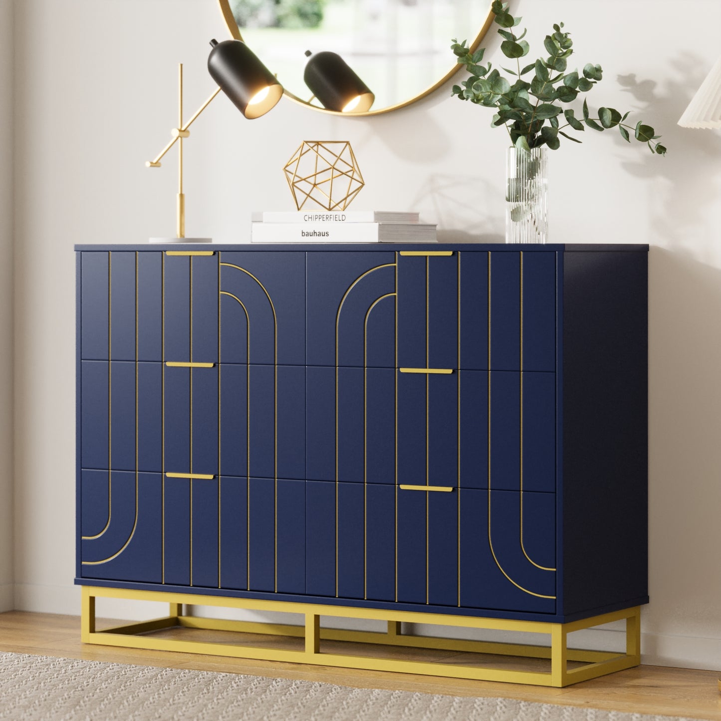 6-Drawer Dresser for Bedroom Wide Chest of Drawers with Gold Line Carving Design, Blue Dresser TV Stand, Closet Side Table for Bedroom, Living Room, Hallway
