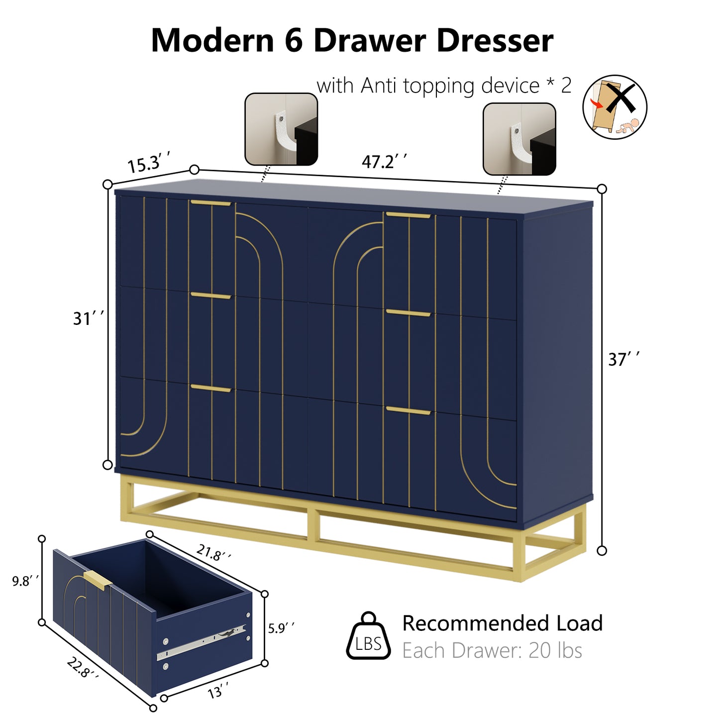 6-Drawer Dresser for Bedroom Wide Chest of Drawers with Gold Line Carving Design, Blue Dresser TV Stand, Closet Side Table for Bedroom, Living Room, Hallway