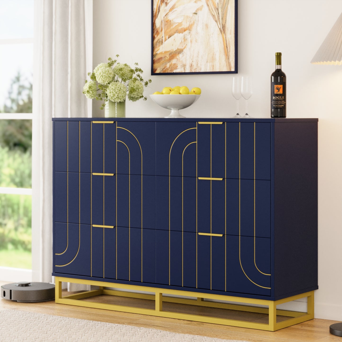 6-Drawer Dresser for Bedroom Wide Chest of Drawers with Gold Line Carving Design, Blue Dresser TV Stand, Closet Side Table for Bedroom, Living Room, Hallway