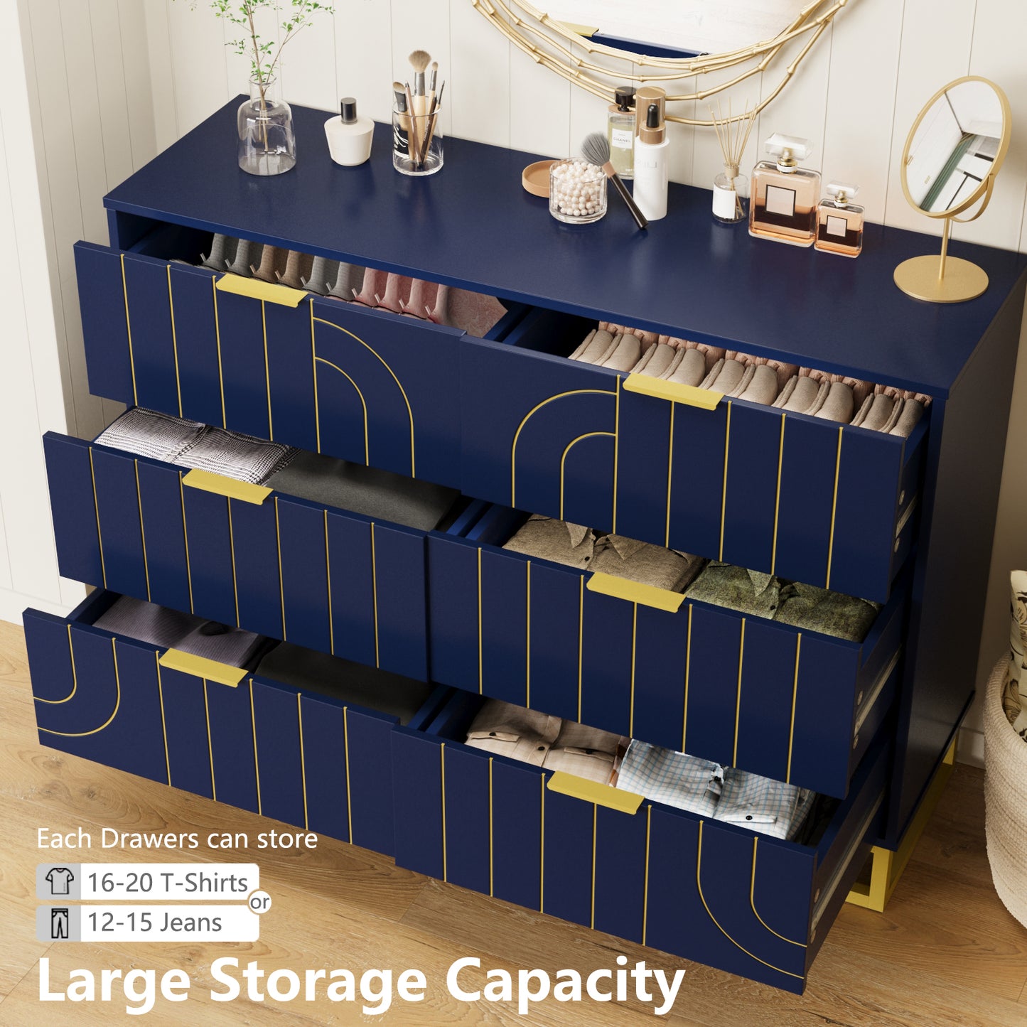 6-Drawer Dresser for Bedroom Wide Chest of Drawers with Gold Line Carving Design, Blue Dresser TV Stand, Closet Side Table for Bedroom, Living Room, Hallway