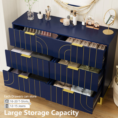 6-Drawer Dresser for Bedroom Wide Chest of Drawers with Gold Line Carving Design, Blue Dresser TV Stand, Closet Side Table for Bedroom, Living Room, Hallway