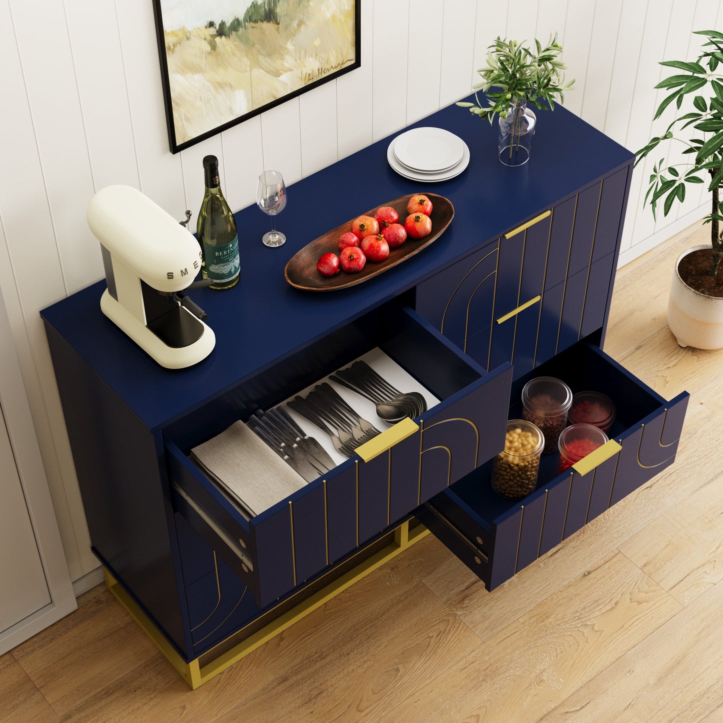 6-Drawer Dresser for Bedroom Wide Chest of Drawers with Gold Line Carving Design, Blue Dresser TV Stand, Closet Side Table for Bedroom, Living Room, Hallway