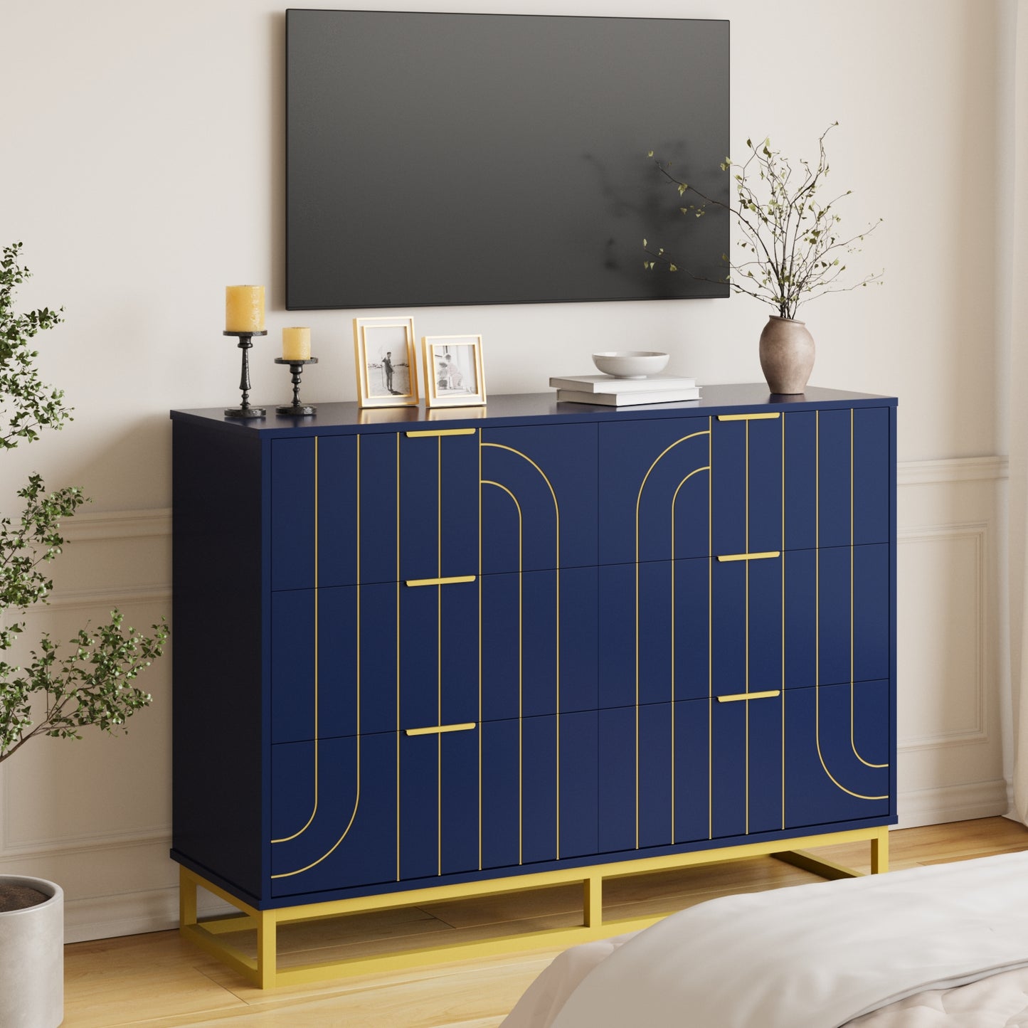 6-Drawer Dresser for Bedroom Wide Chest of Drawers with Gold Line Carving Design, Blue Dresser TV Stand, Closet Side Table for Bedroom, Living Room, Hallway