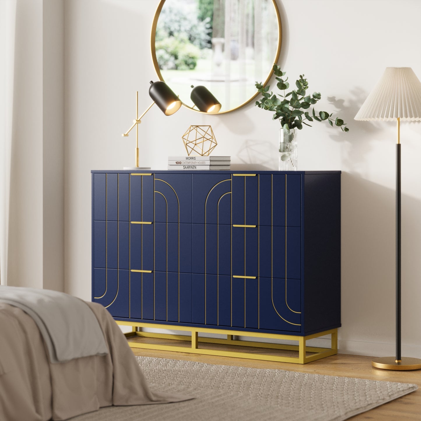 6-Drawer Dresser for Bedroom Wide Chest of Drawers with Gold Line Carving Design, Blue Dresser TV Stand, Closet Side Table for Bedroom, Living Room, Hallway