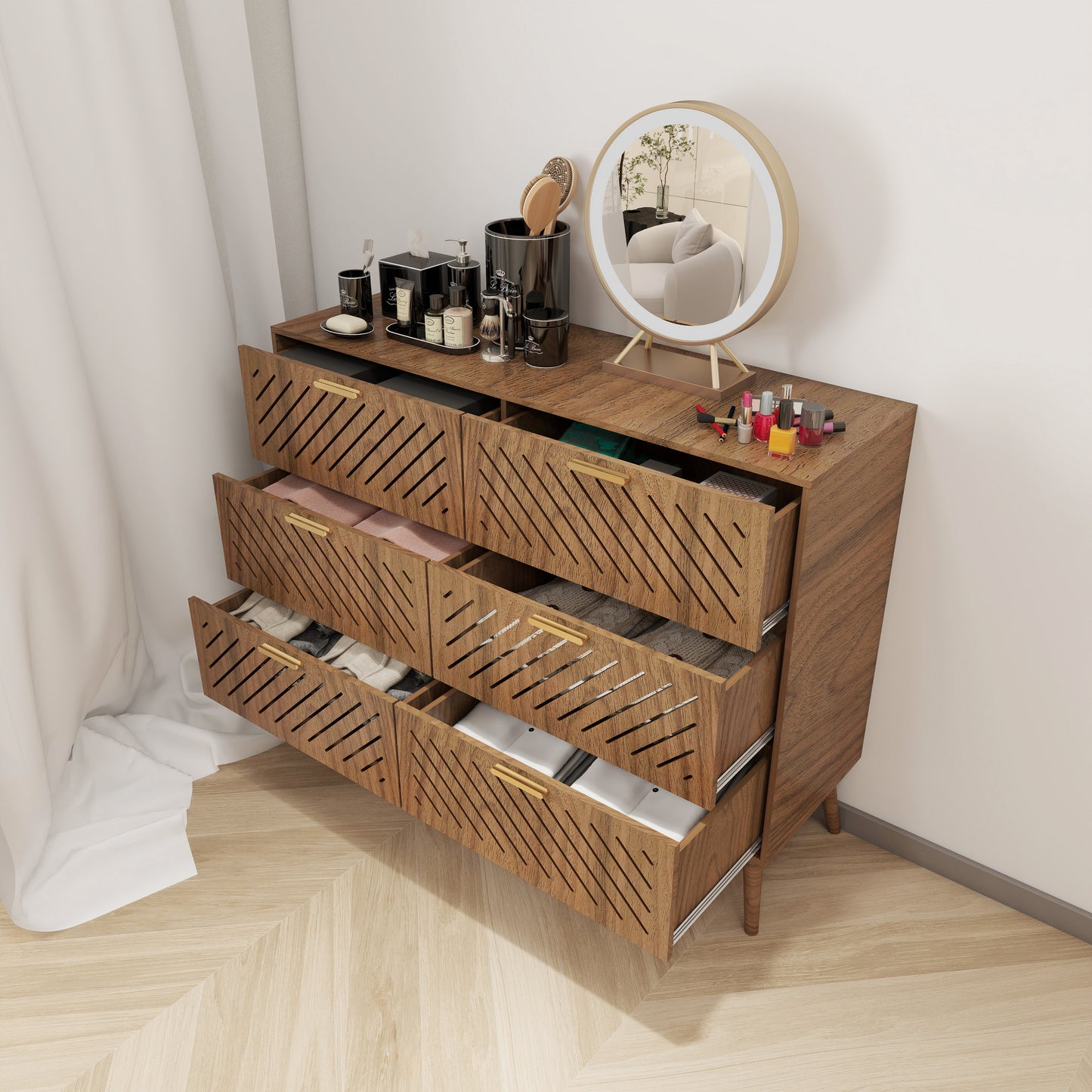 Peach wood Modern 6 Drawer Dresser for Bedroom Storage Cabinet with Metal Handle, Wide Chest of Drawers, TV Stand, Beside Table for Closet, Hallway,  Living Room and Entryway