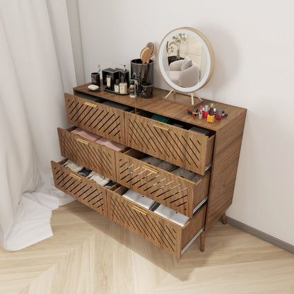 Peach wood Modern 6 Drawer Dresser for Bedroom Storage Cabinet with Metal Handle, Wide Chest of Drawers, TV Stand, Beside Table for Closet, Hallway,  Living Room and Entryway
