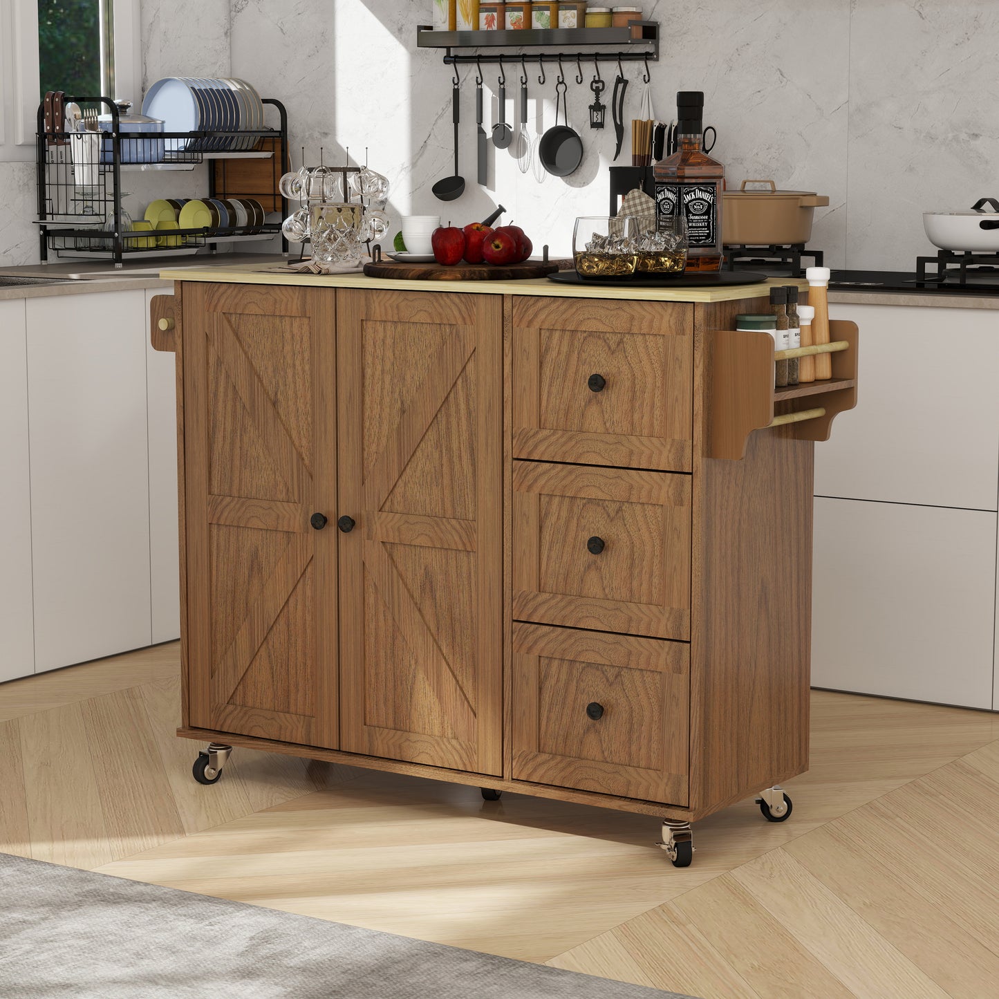 Removable Convenient Peach Kitchen Island with 2-Door Cabinets, 3-Drawer Storage, 5 Universal Wheels Rolling Kitchen Dining Cart, Wooden Top with Towel Rack